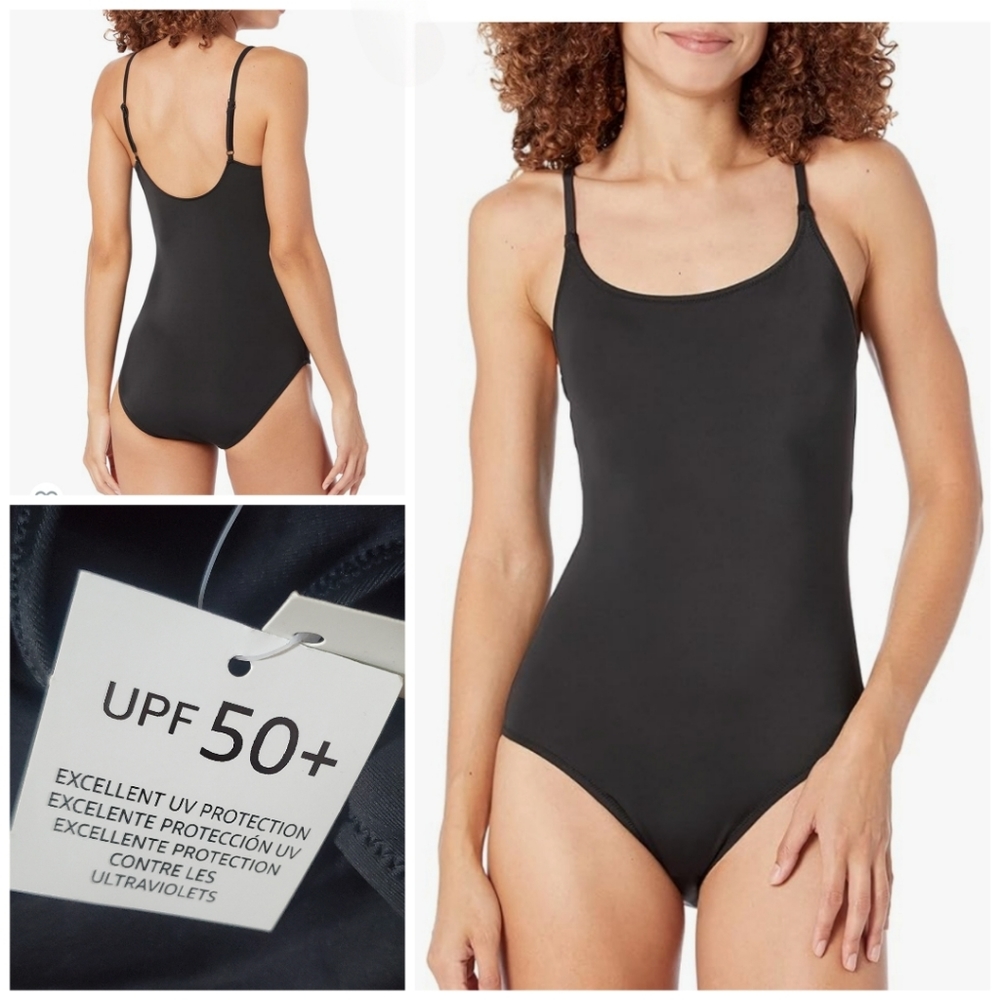 NWT Women's Med Black thin stripe one piece swimsuit good coverage SPF 50
